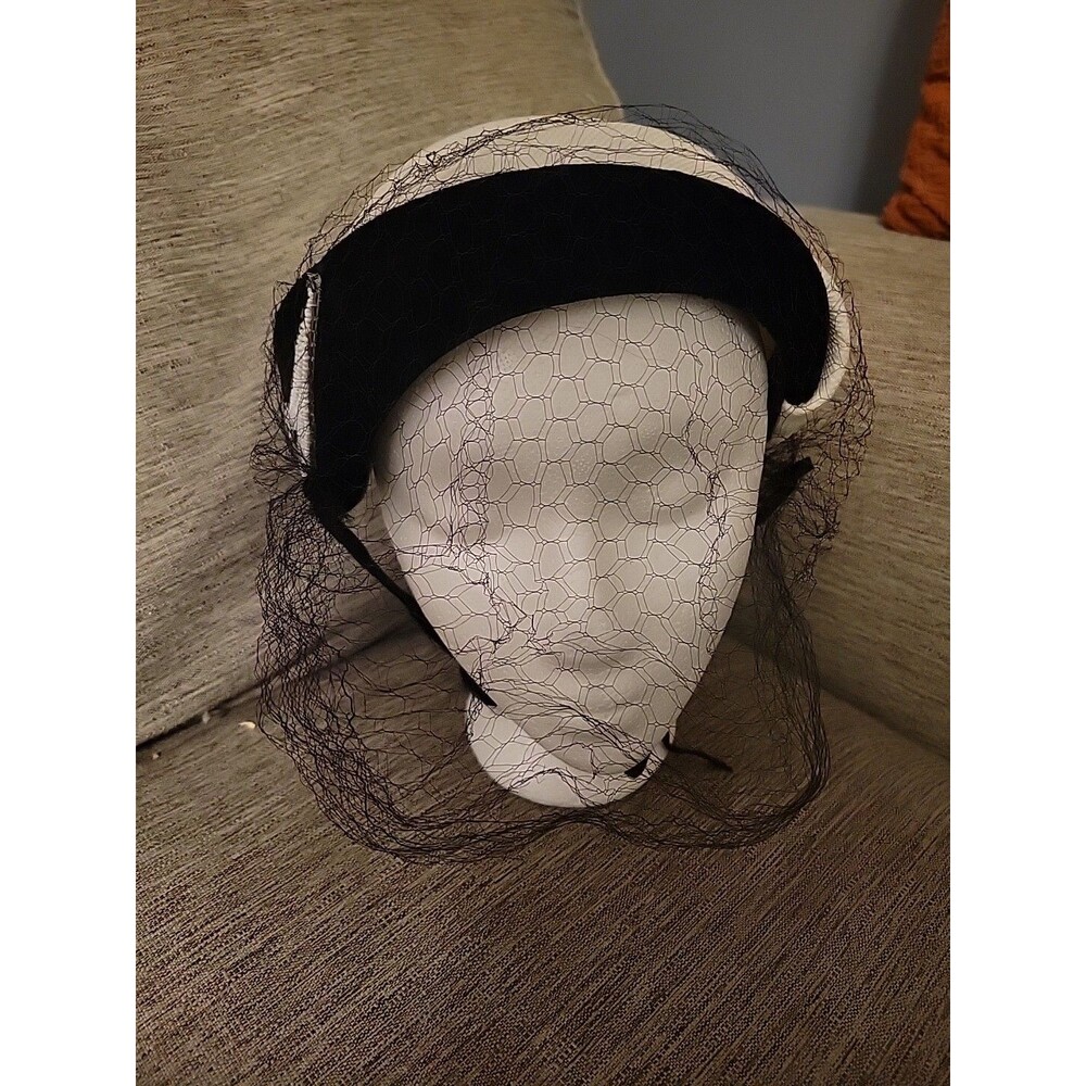 Vintage Black Velvet And White Hat With Mesh Netting Beading- Costume Tea Party